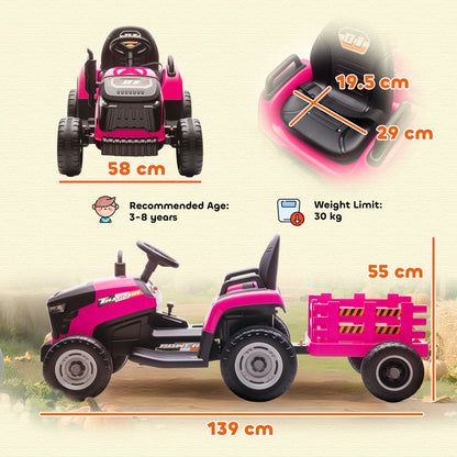 12V Ride on Tractor and Trailer with Remote Control, Music, Shifter, Start-Up Sound, for Kids Ages 3-8 Years, Pink