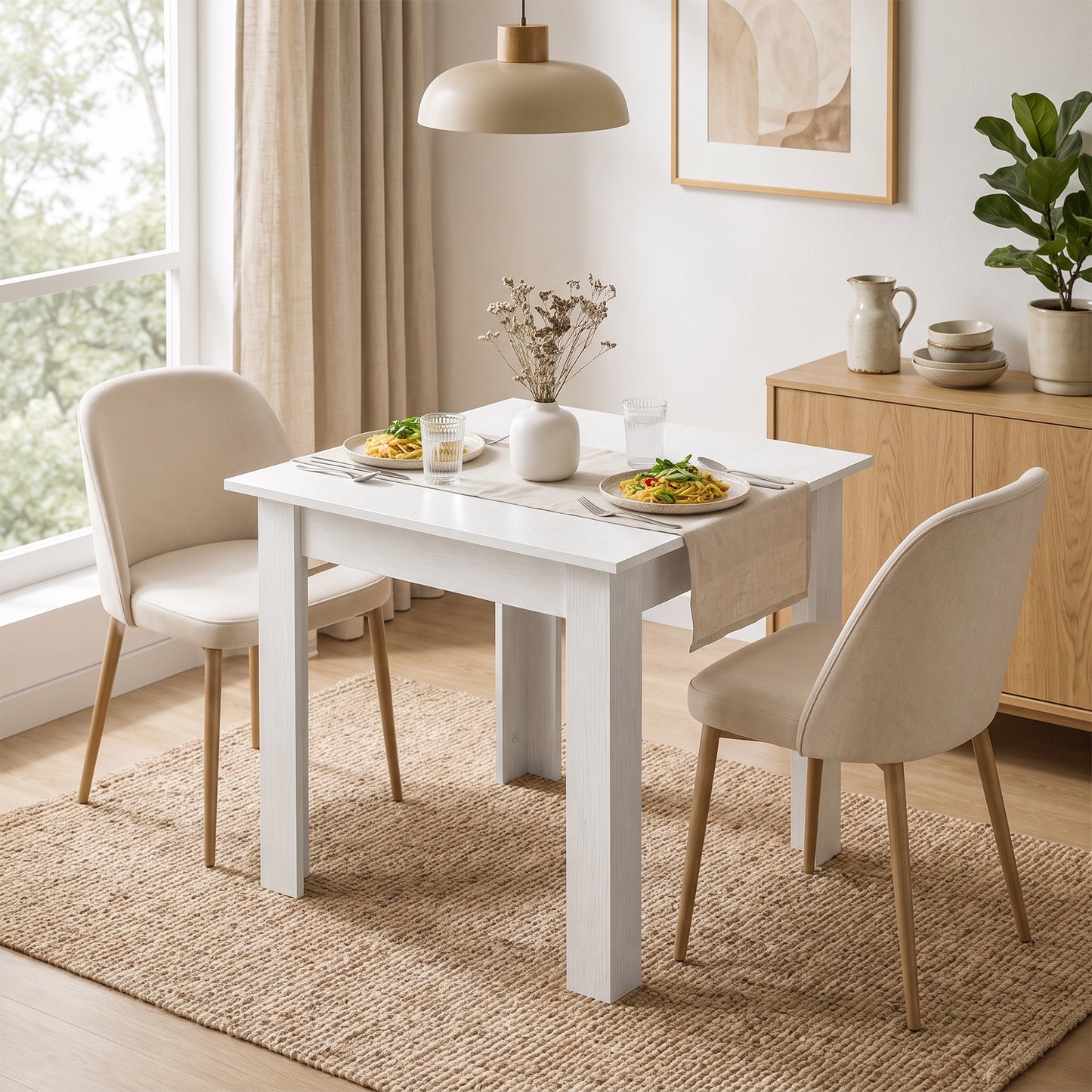 Square Dining Table, Modern Small Dining Table with Wood Effect, Space Saving, Non-slip Foot Pads, White