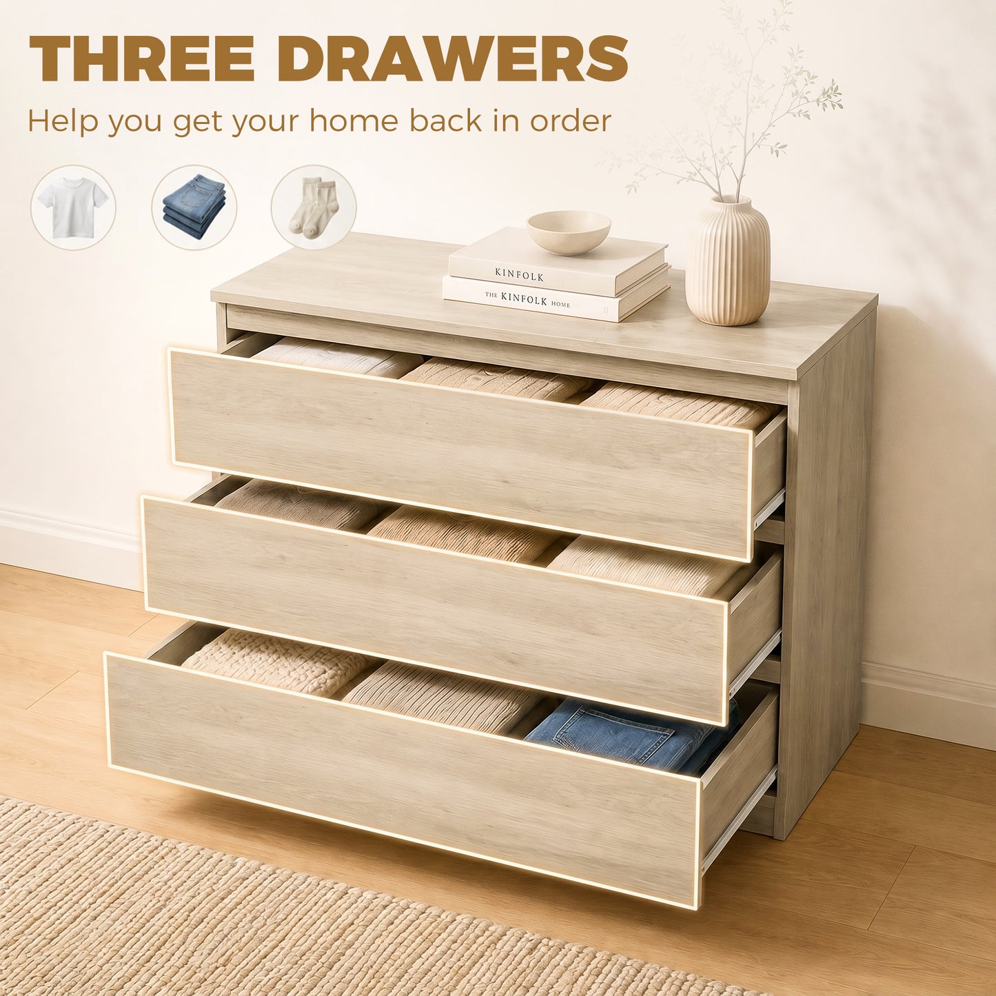 3-Drawer Storage Organiser Unit, Chest of Drawers for Bedroom, Living Room, 80 x 39 x 73cm, Oak