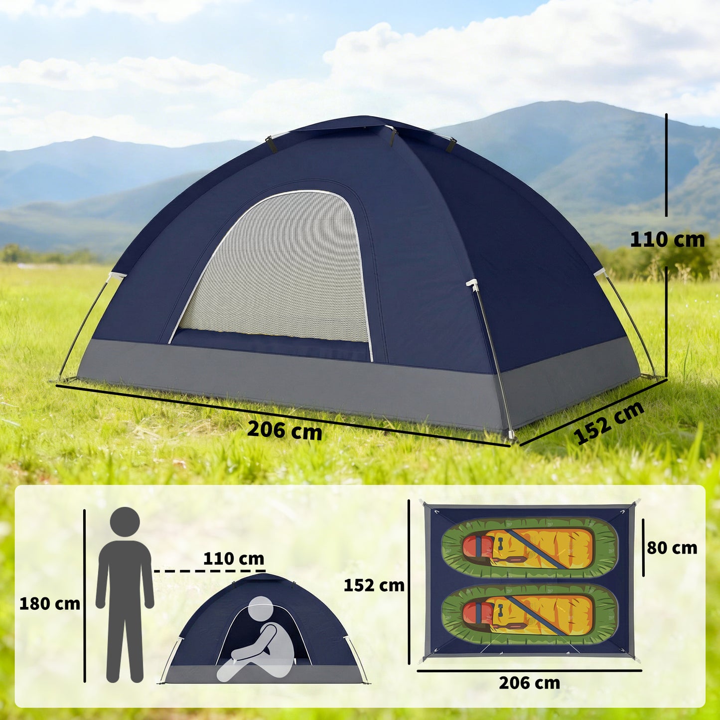 2 Person Camping Tent, Dome Tent with Zipped Doors, Storage Pocket, Portable Handy Bag, Navy Blue