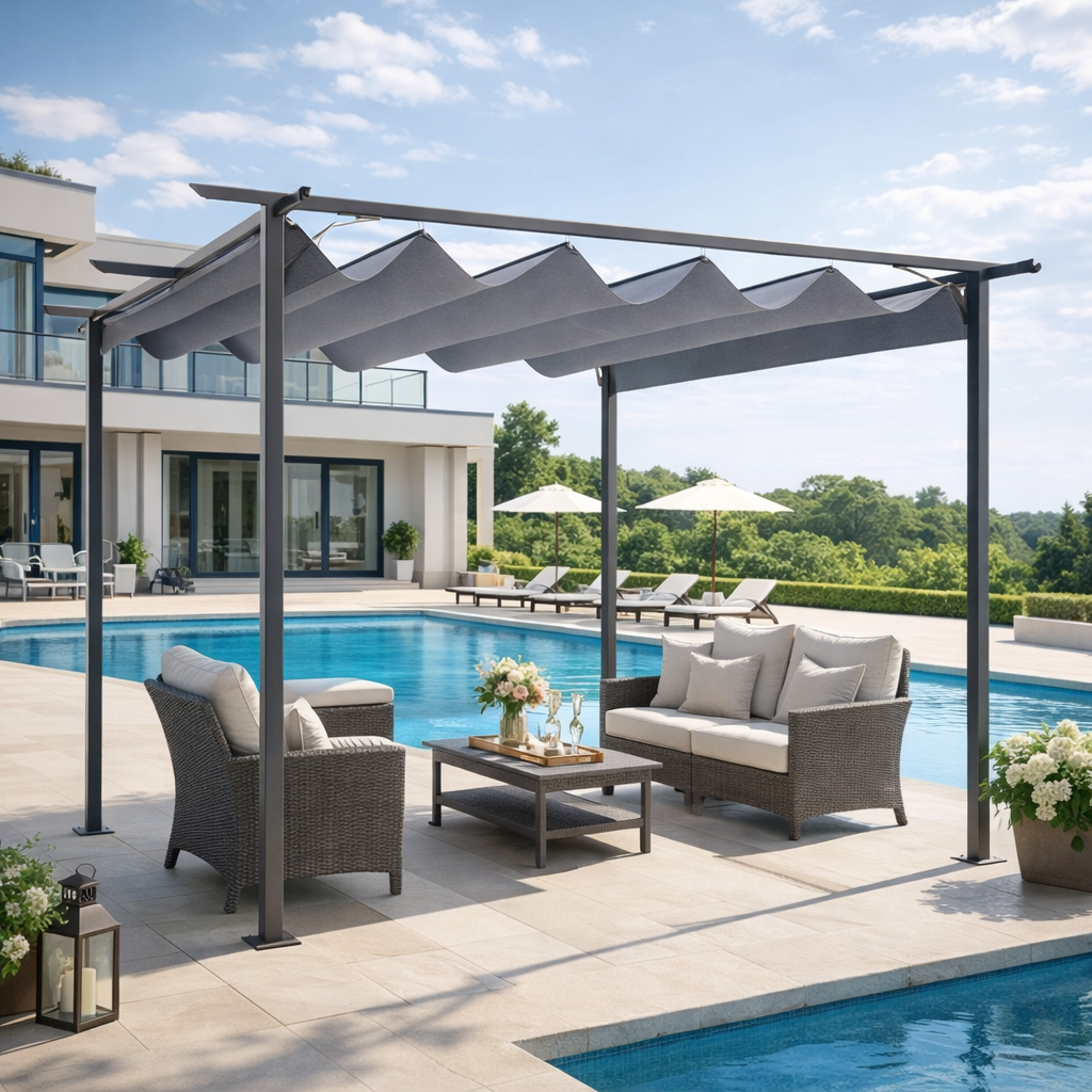 3.5M X 3.5M Metal Pergola Gazebo Awning Retractable Canopy Outdoor Garden Sun Shade Shelter Marquee Party BBQ, Grey