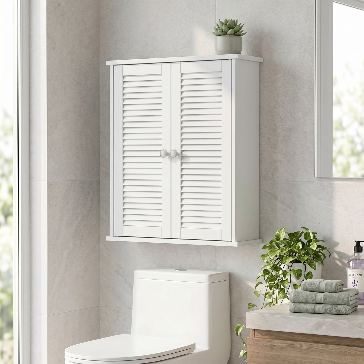 Bathroom Cabinet, Bathroom Wall Cabinet with Louvered Doors and Adjustable Shelf Storage for Kitchen, White