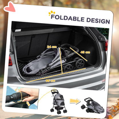 Dog Pram Dog Stroller Foldable Pet Pushchair with 4 Wheels, Safety Leashes, Cup Holder for Small Dogs, Grey
