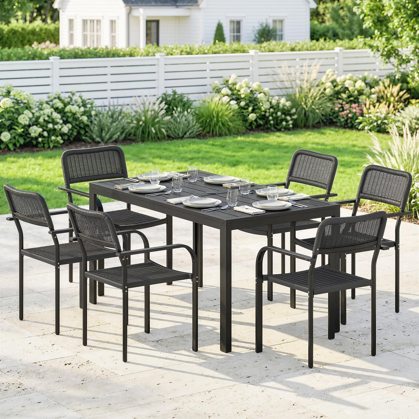 Garden Dining Set for 6, Faux Wood Metal Outdoor Table and Stackable Chairs with Plastic Rattan Effect Seat, Black
