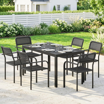 Garden Dining Set for 6, Faux Wood Metal Outdoor Table and Stackable Chairs with Plastic Rattan Effect Seat, Black