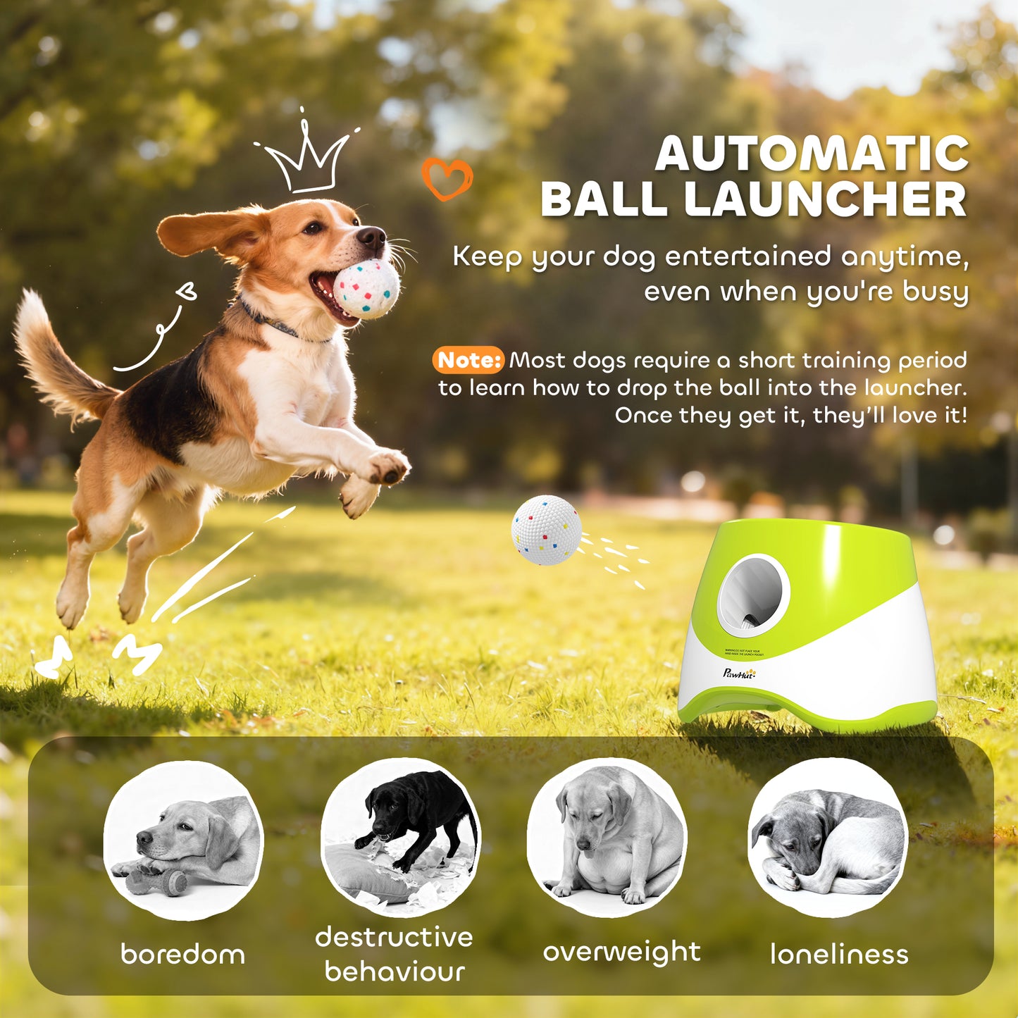 Automatic Dog Ball Launcher with 5 ETPU Balls 2.3", 3 Distance Settings 20/33/46ft, Green
