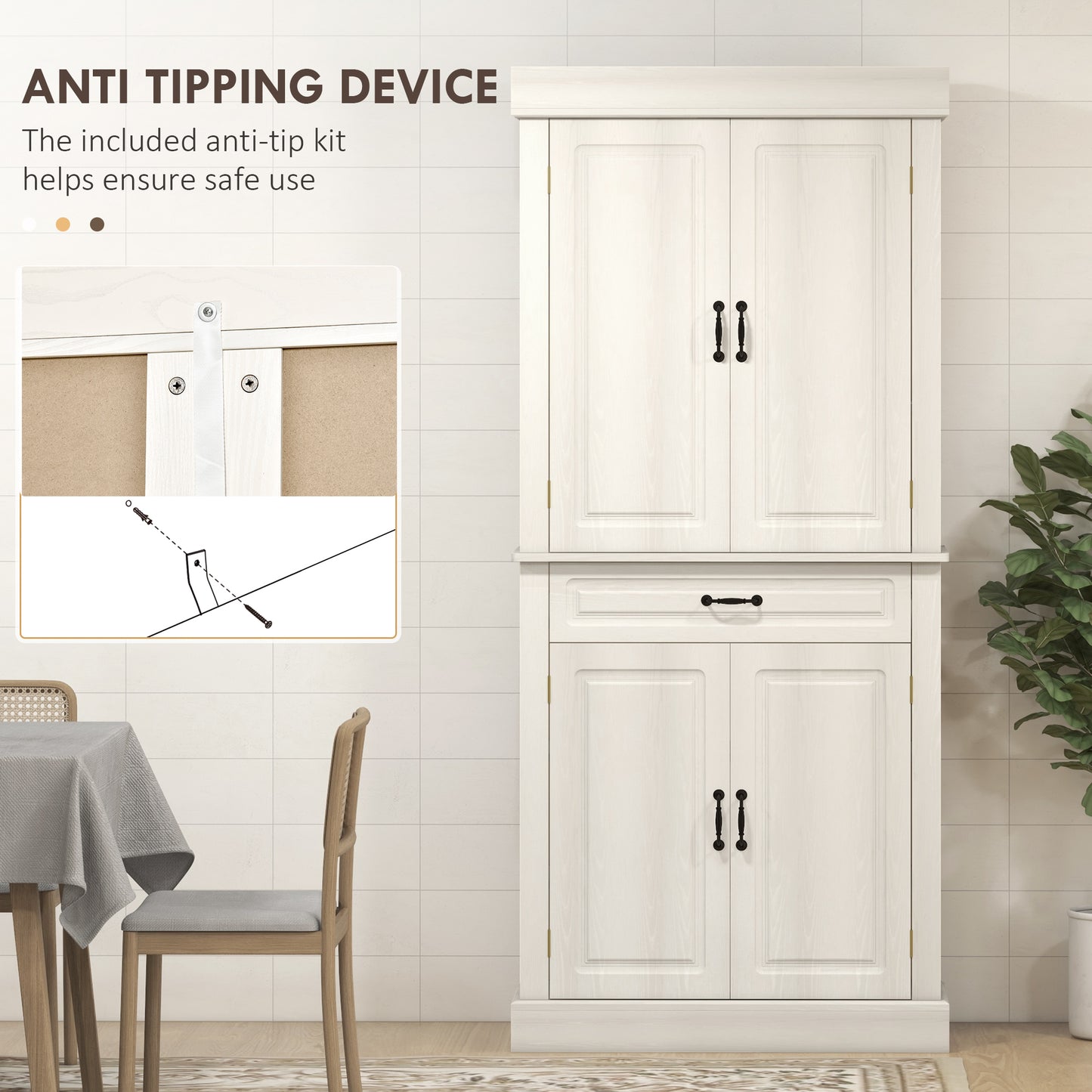Tall Kitchen Cupboard, Kitchen Pantry Cabinet with 6 Shelves and Drawer, Cream White