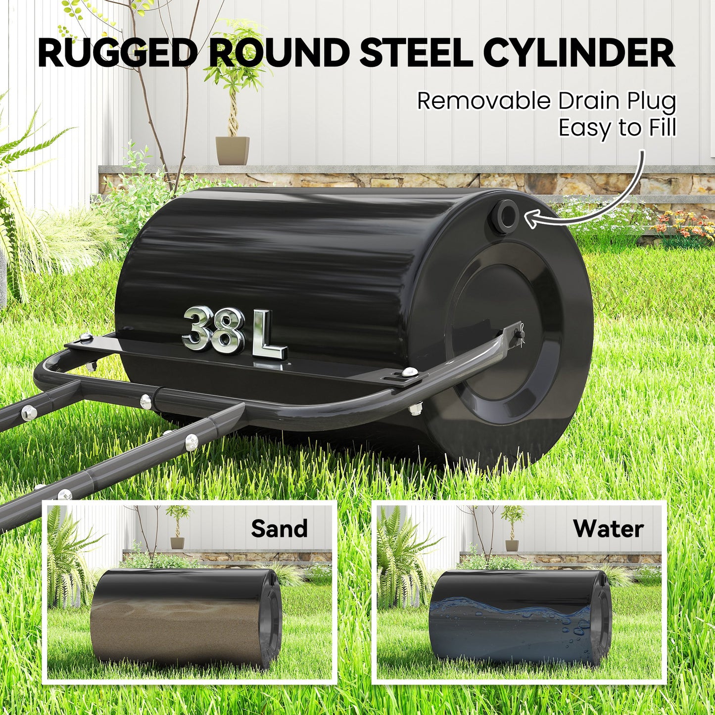 38L Fillable Cylinder Steel Lawn Roller - Black