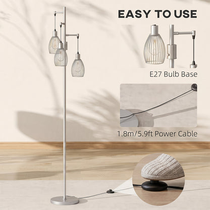 170.5cm Industrial Dimmable Standing Lamp, 3-Light Floor Lamp with Steel Wire Cage Lampshades, Silver Tone