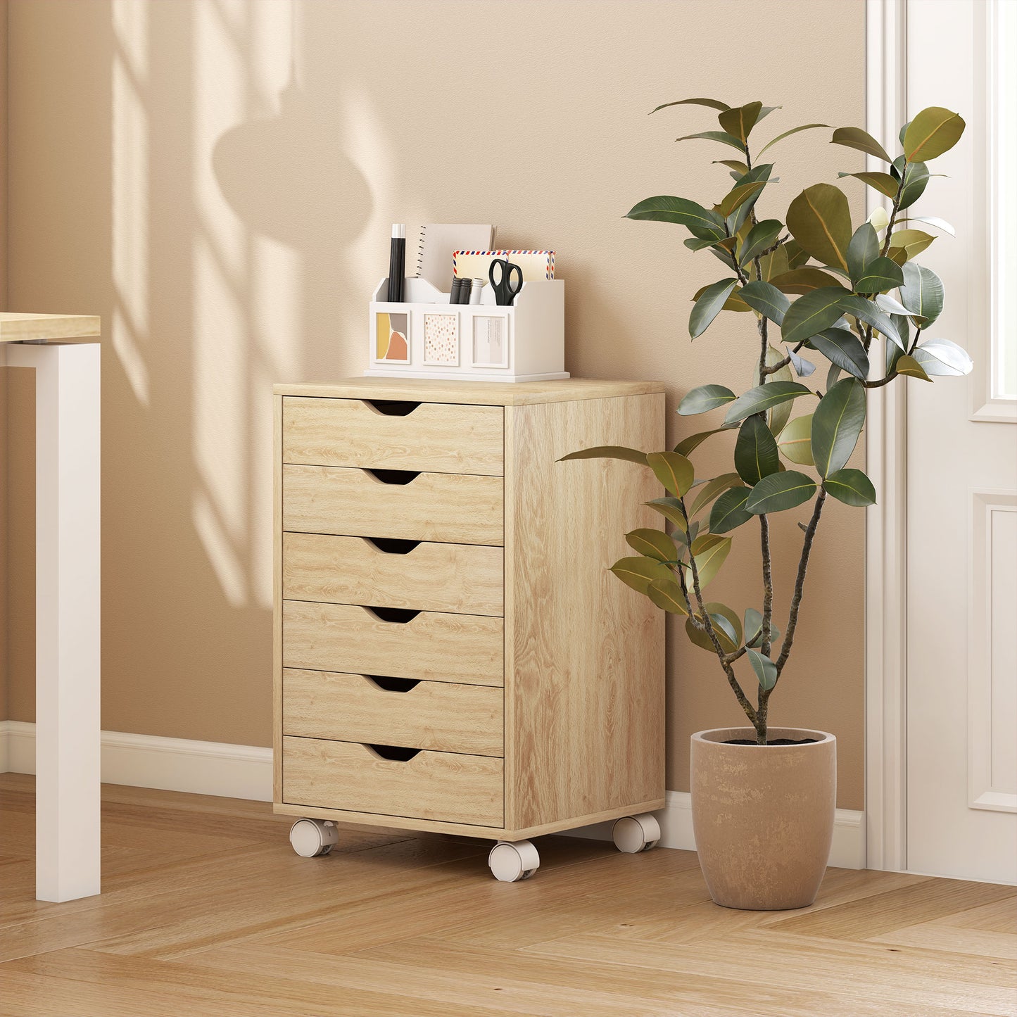 6 Drawer Vertical File Cabinet, Mobile Filing Cabinet with Quiet Drawers and Wheels with 2 Brakes, Oak Wood Effect