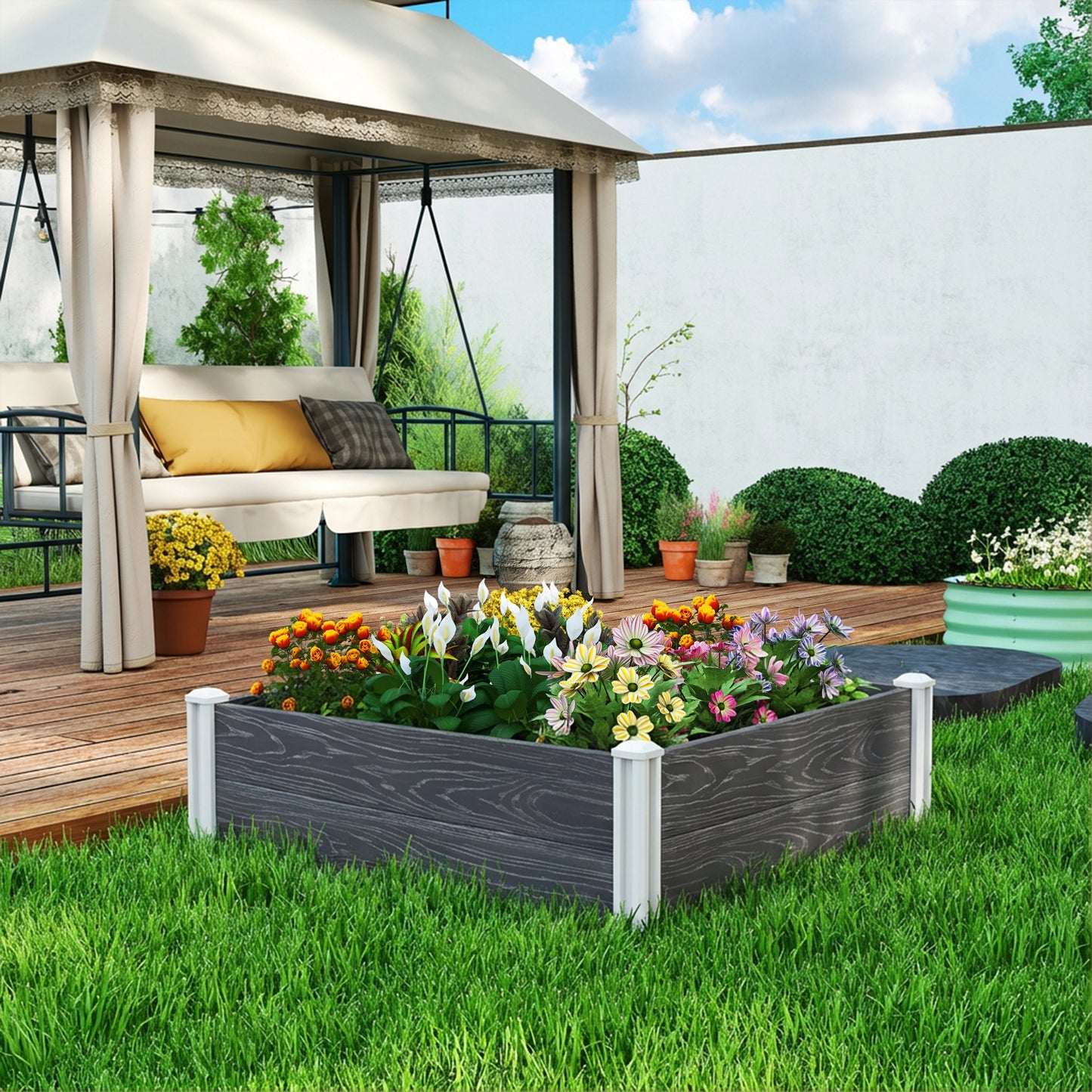 Vinyl Raised Garden Bed Kit, 3 x 3 x 1ft Modular Elevated Garden Box with Slotting Legs and Open Bottom, Dark Grey