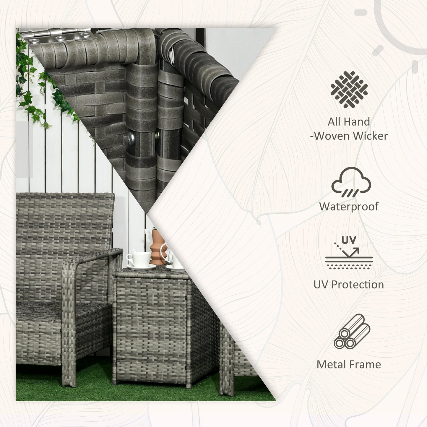 3 Pieces Rattan Bistro Set, Wicker Garden Furniture Set with 72 L Storage Coffee Table and Chairs, Orange