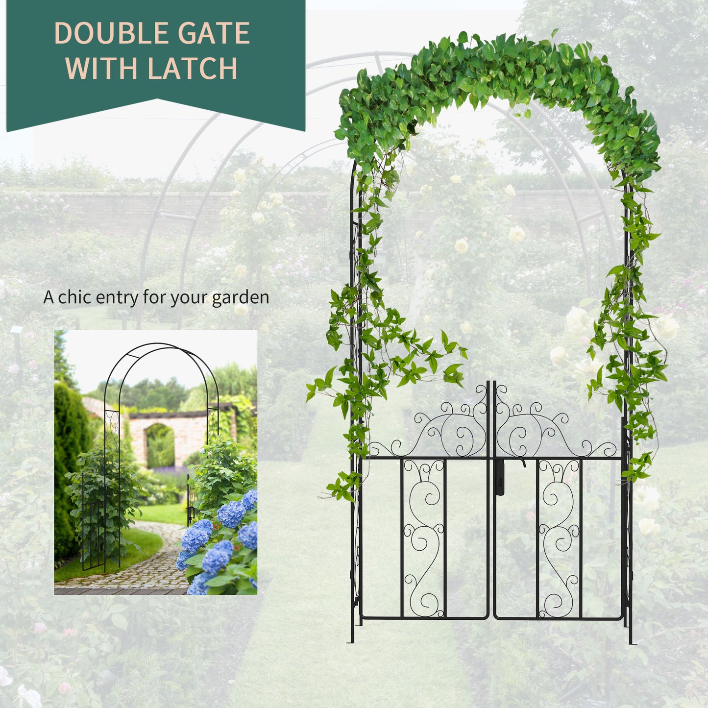 Outdoor Garden Arch with Double Gates, Metal Garden Arbor for Climbing Plants, Roses, Vines, Wedding Arch for Outdoor
