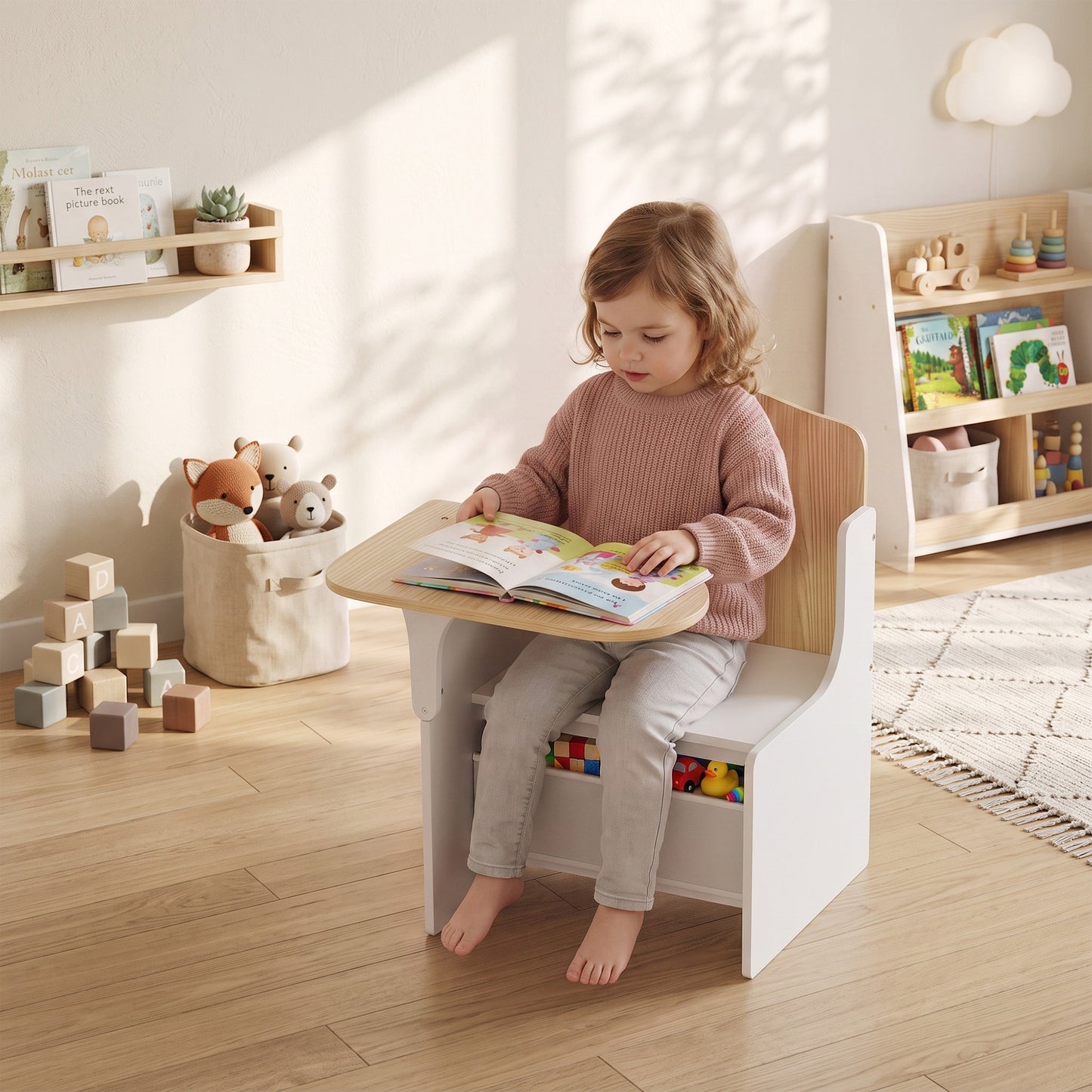 Kids Table and Chair Set, Children Desk and Chair with Storage Bins for Playing, Reading, Painting, for Ages 3-5, White