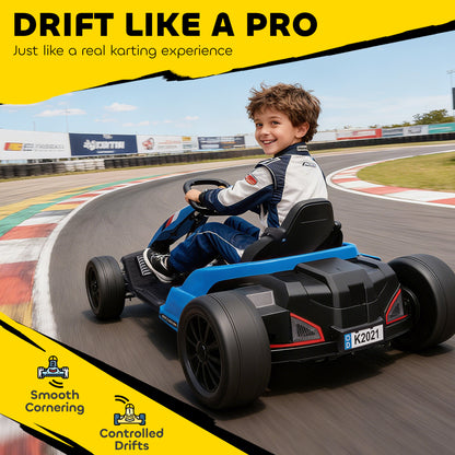 24V Electric Go Kart, Drift Kart with Adjustable Seat, Slow Start, 5-Point Harness, Music, for 6-12 Years, Blue