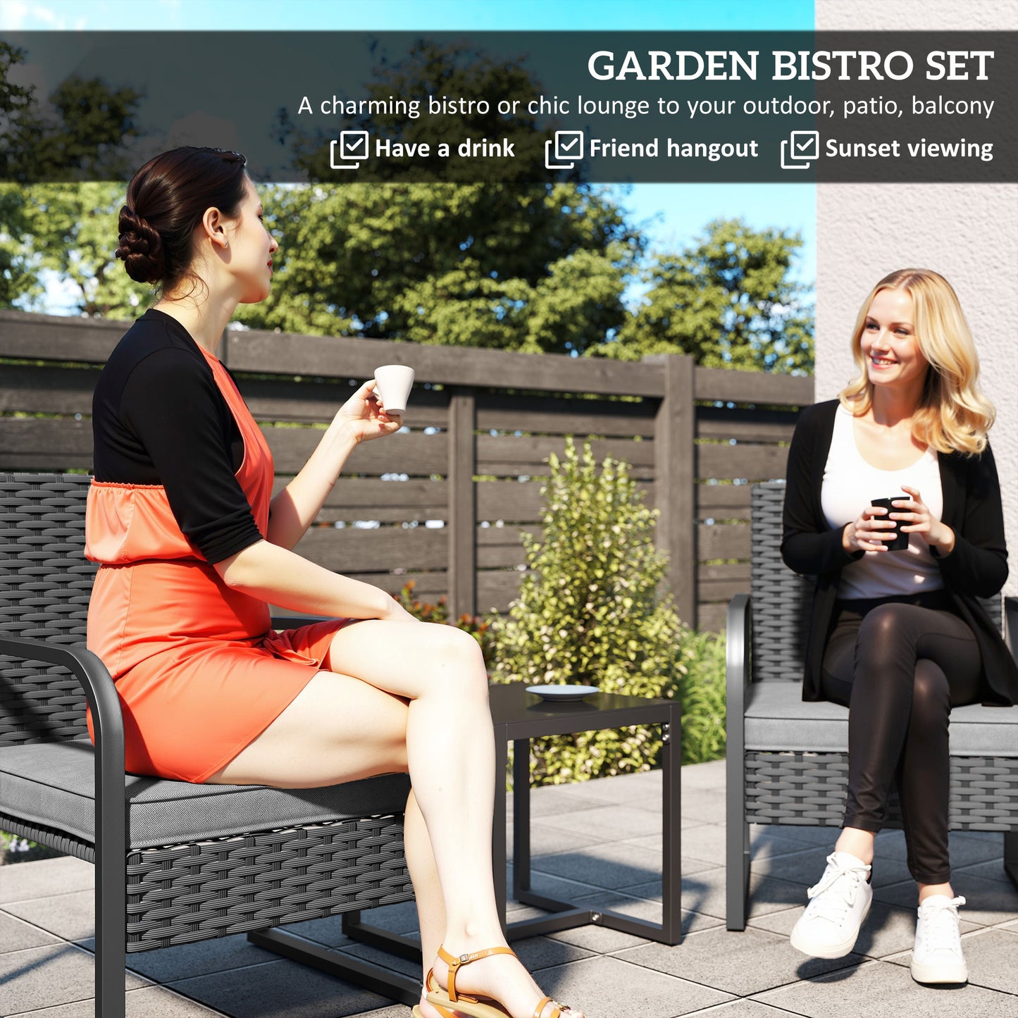 Rattan Bistro Set, 3 Piece Garden Furniture Set with Cushions and Glass Top Table, Black
