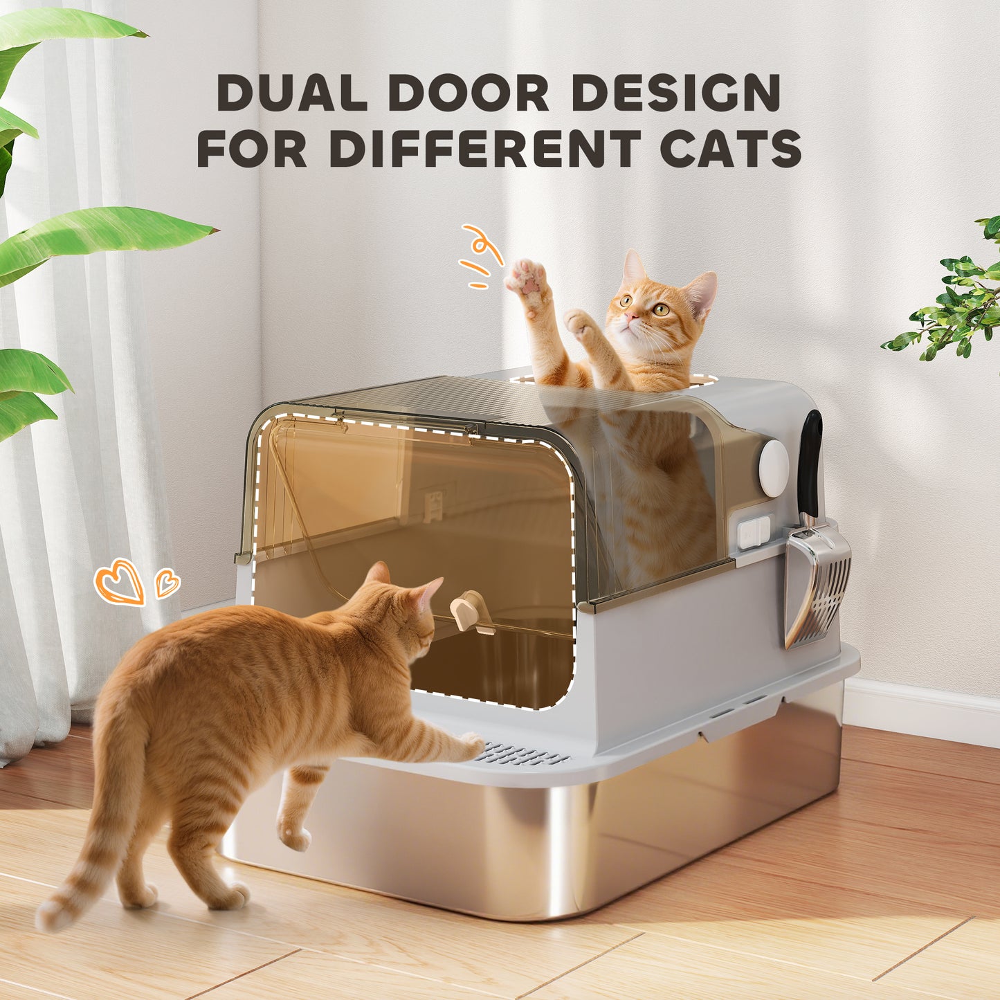 XXL Stainless Steel Cat Litter Tray, Enclosed Cat Litter Box with 90° Flip Cover, Double Doors, Scoop, Easy Clean, Grey