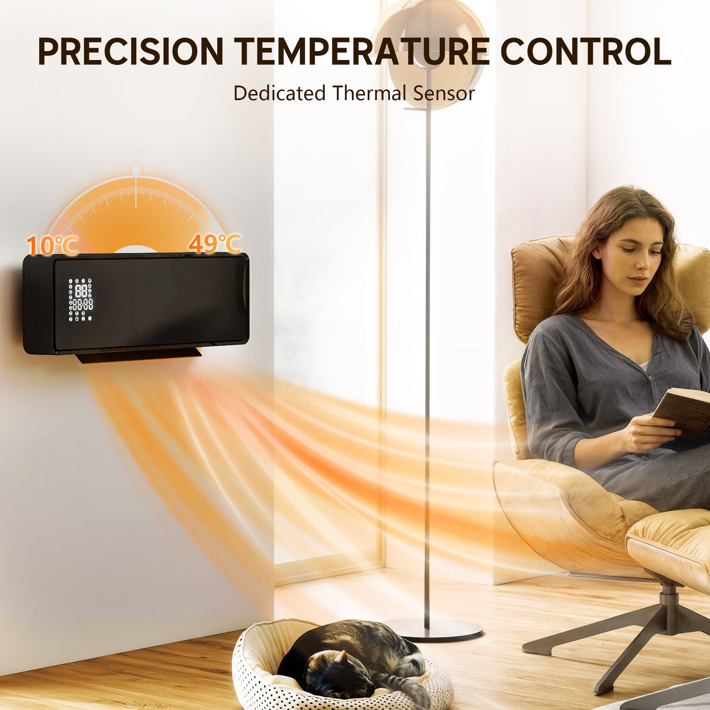 2000W Ceramic Electric Heater with Fan, Adjustable Thermostat, Wall Mounted - Black