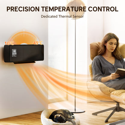 2000W Ceramic Electric Heater with Fan, Adjustable Thermostat, Wall Mounted - Black