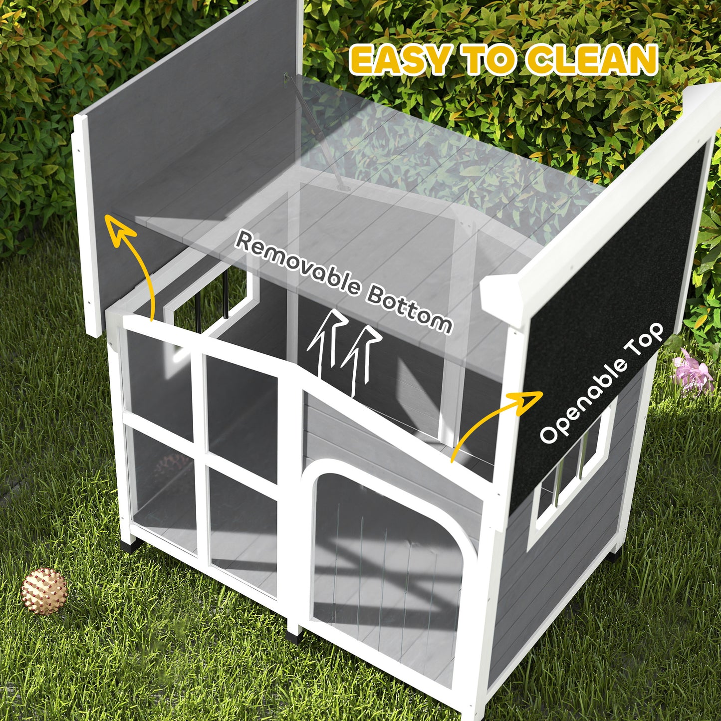 Wooden Dog Kennel with Removable Floor, Asphalt and Openable Roof, Giant Window for Large Dogs, Charcoal Grey