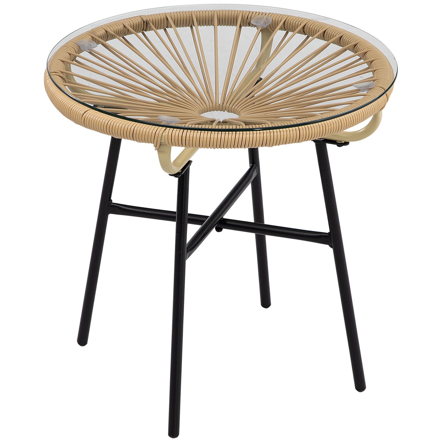 Rattan Side Table, Round Outdoor Coffee Table, with Round PE Rattan and Tempered Glass Tabletop for Patio, Garden, Balcony