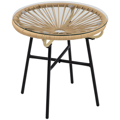 Rattan Side Table, Round Outdoor Coffee Table, with Round PE Rattan and Tempered Glass Tabletop for Patio, Garden, Balcony