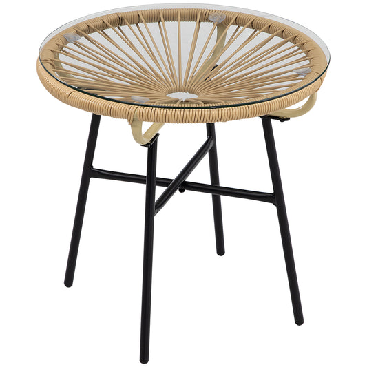 Rattan Side Table, Round Outdoor Coffee Table, with Round PE Rattan and Tempered Glass Tabletop for Patio, Garden, Balcony