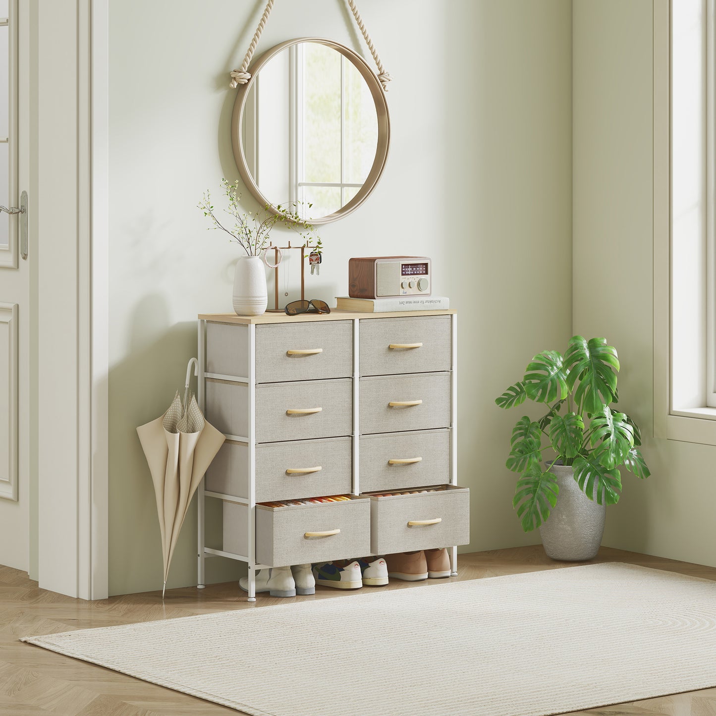 Fabric Chest of Drawers, Industrial Bedroom Dresser with 8 Fabric Drawers, Steel Frame and Wooden Top for Nursery