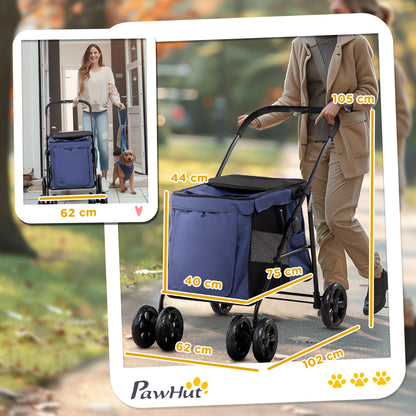 Dog Pram Dog Stroller 4 Wheels Pet Pushchair with Rolling Door, Cushion, Safety Leashes, for Small and Medium Breeds