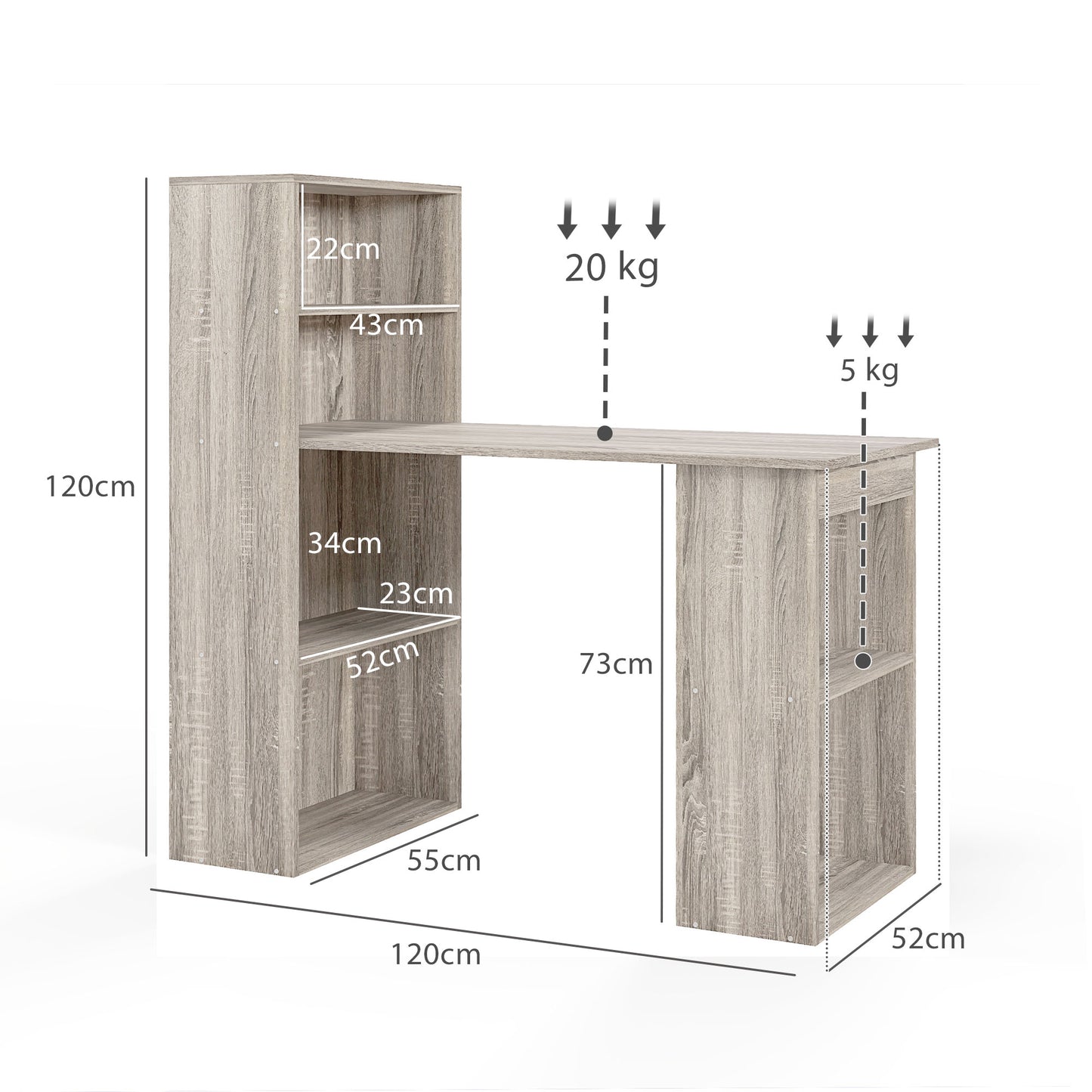 120cm Computer Desk, Wooden PC Laptop Table with 6-Tier Storage Bookshelves, Home Office Working Study Desk