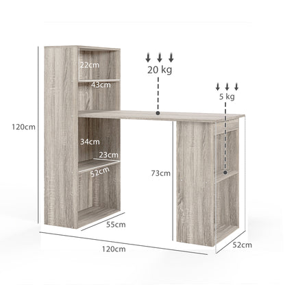 120cm Computer Desk, Wooden PC Laptop Table with 6-Tier Storage Bookshelves, Home Office Working Study Desk