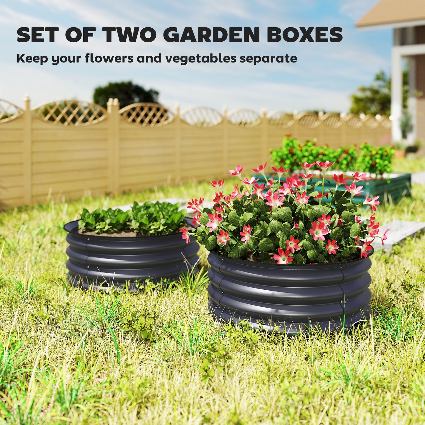 Set of 2 Raised Garden Bed, Metal Planter Box with Safety Edging, Easy-to-assemble Stock Tank, Dark Grey