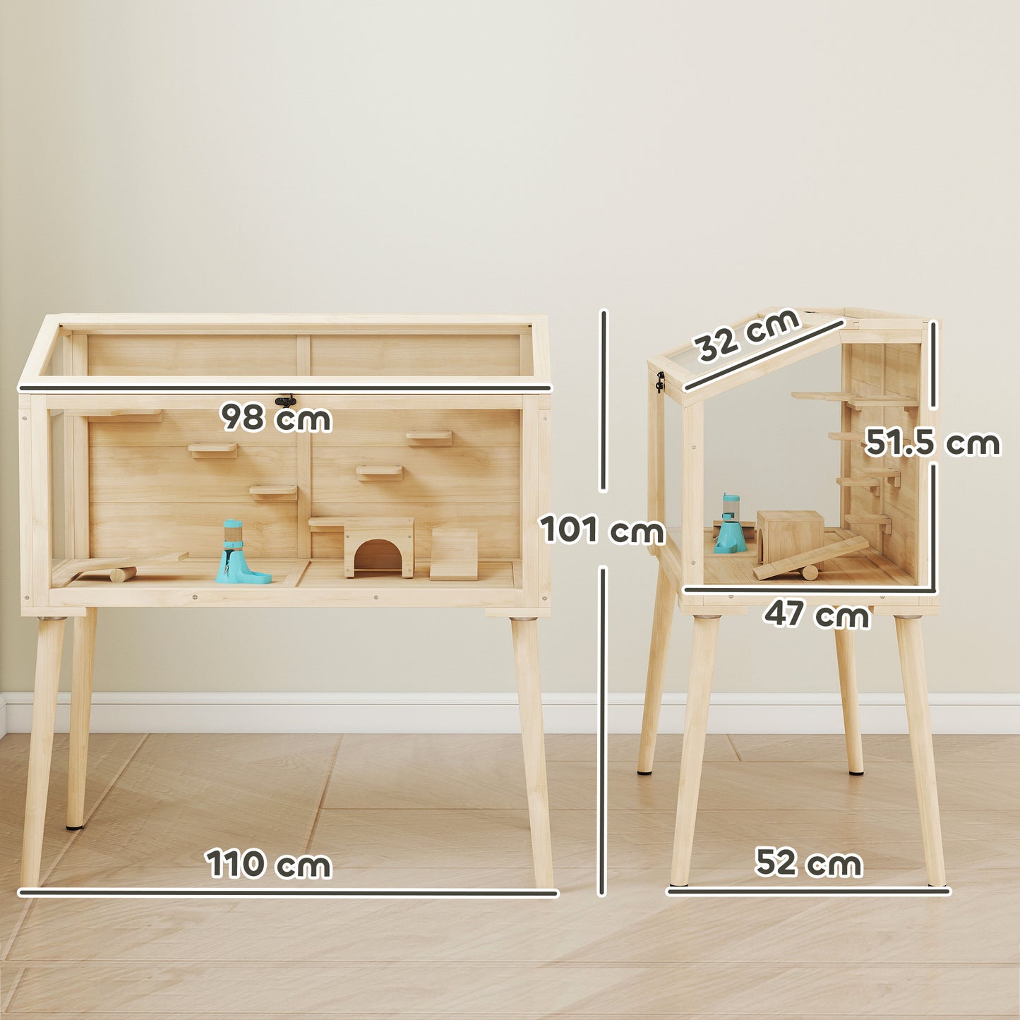 Wooden Hamster Cage, Hamster Habitat with Openable Top, Seesaws, Platforms, Water Bottle for Gerbils, 110 x 52 x 101 cm