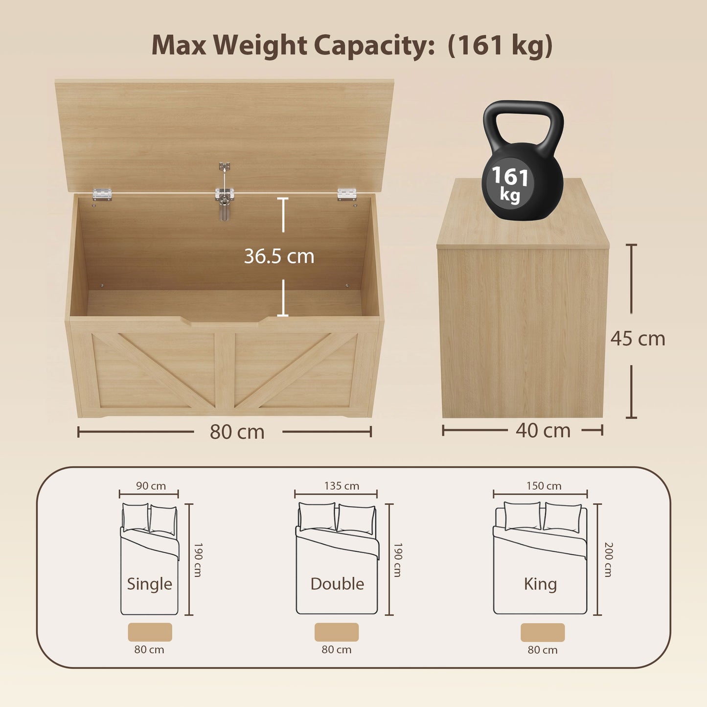 100L Home Storage Box, with Safety Hinge - Nature Wood Finish