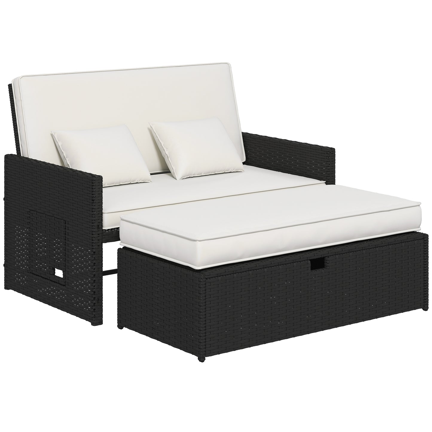 Rattan Garden Daybed, Double Sun Lounger with 5-Level Adjustable Back, Storage Ottoman, Cream White