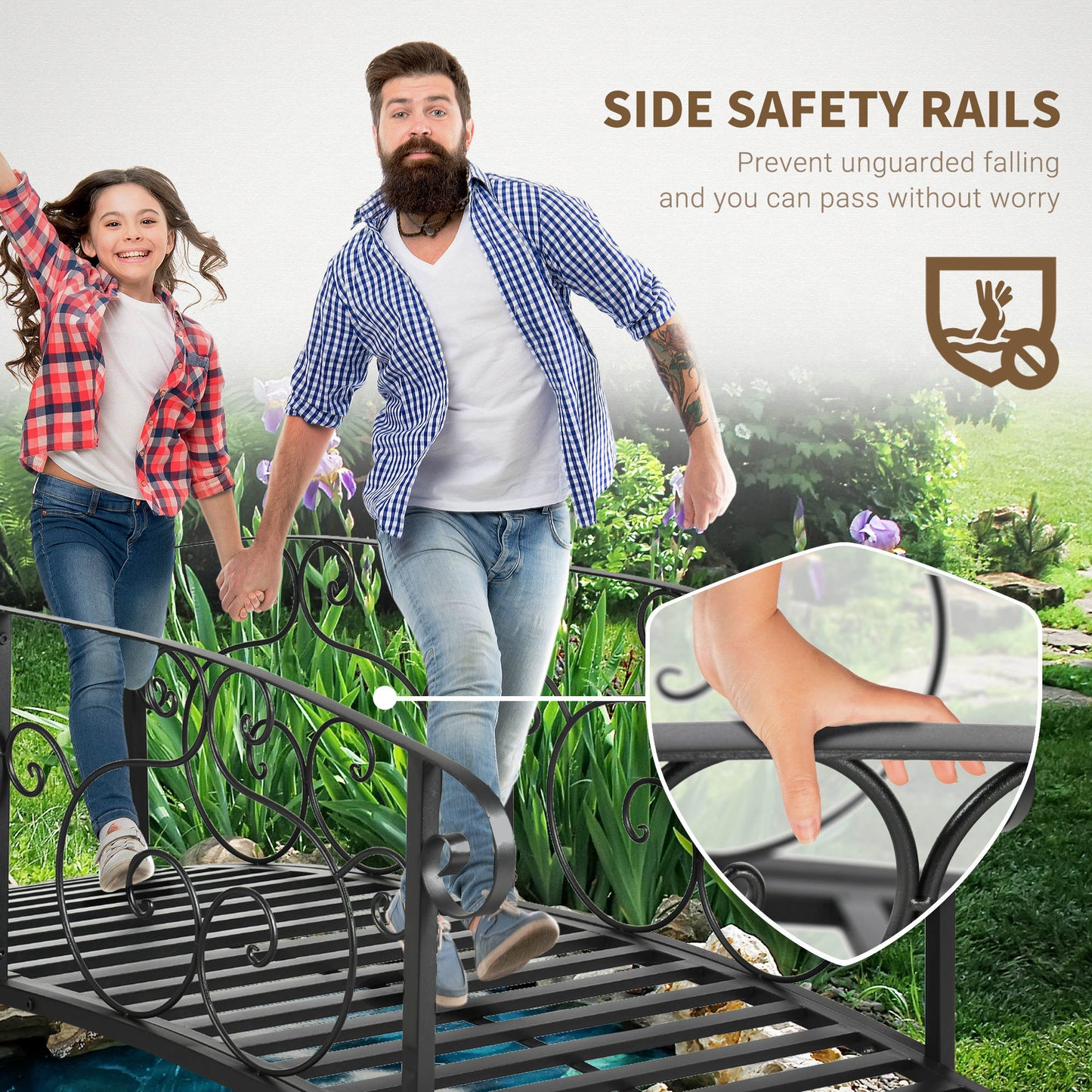 184cm Metal Arch Garden Garden Bridge, Safety Siderails, Arc Footbridge for Garden Creek, Stream, Pond, Black
