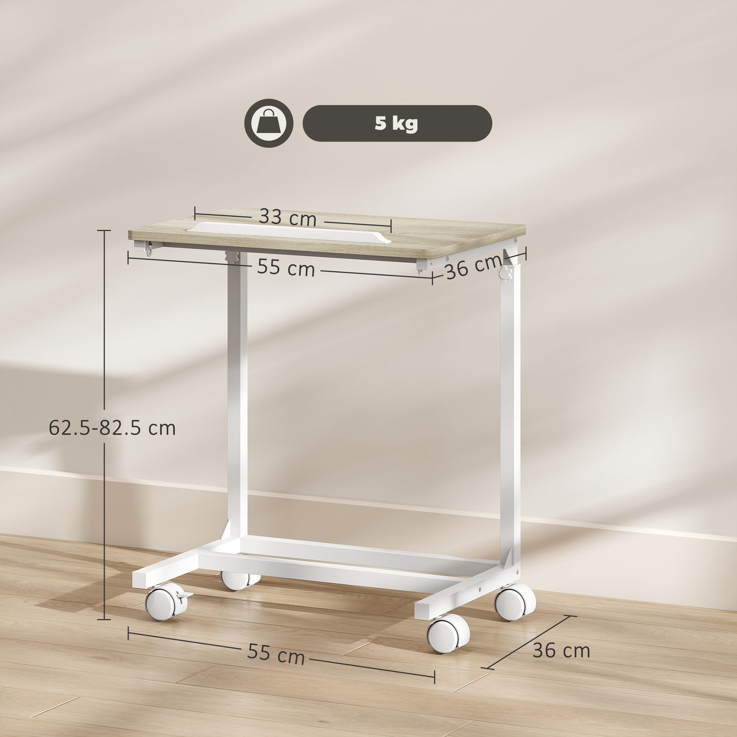 C-Shaped Sofa Side Table, Height Adjustable Overbed Table with Tilting Desktop, Mobile Laptop Desk for Living Room Bedroom