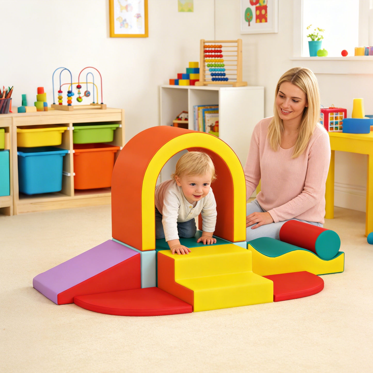 Kids Soft Play Set, 10PCs PU Leather Foam Climbing Blocks for Climb and Crawl, Educational Toys for Motor Development