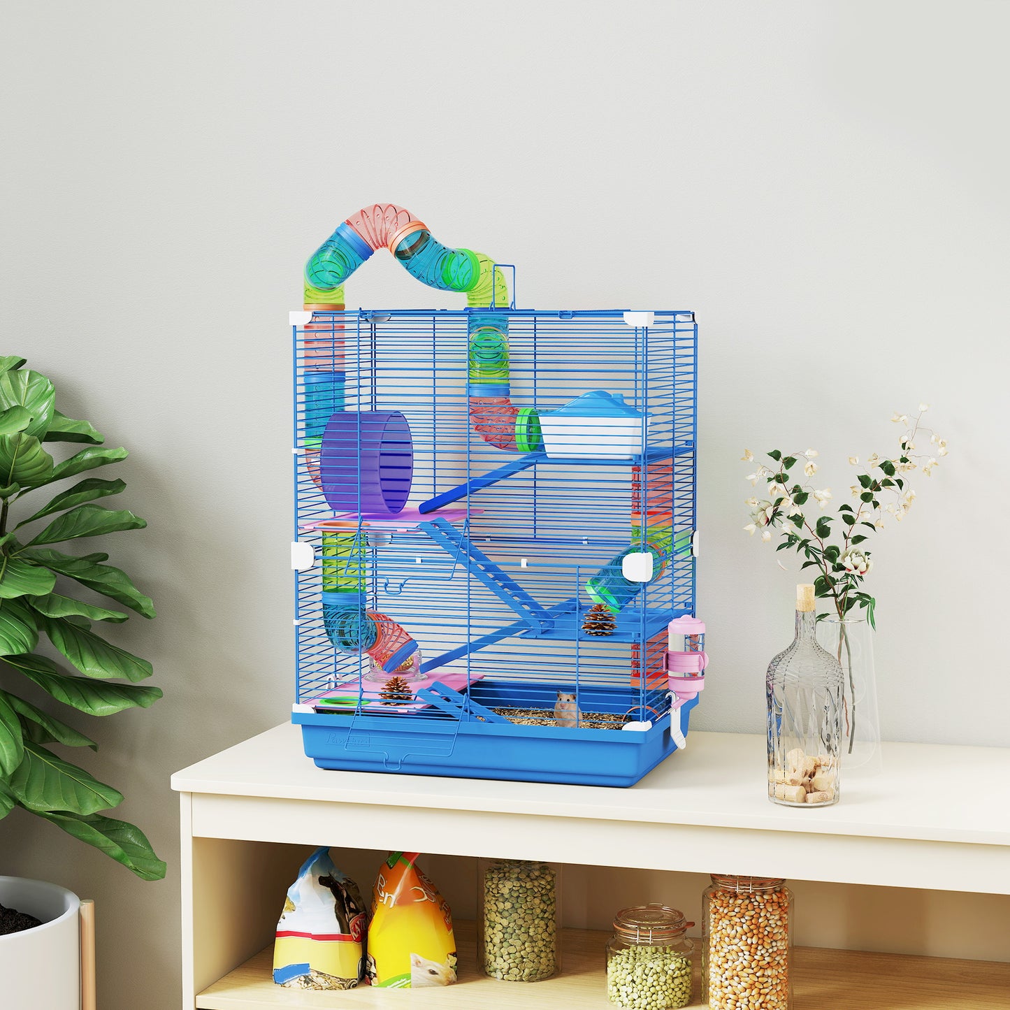 5 Tier Hamster Cage Carrier Habitat w/ Exercise Wheels, Tunnel, Blue