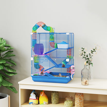 5 Tier Hamster Cage Carrier Habitat w/ Exercise Wheels, Tunnel, Blue