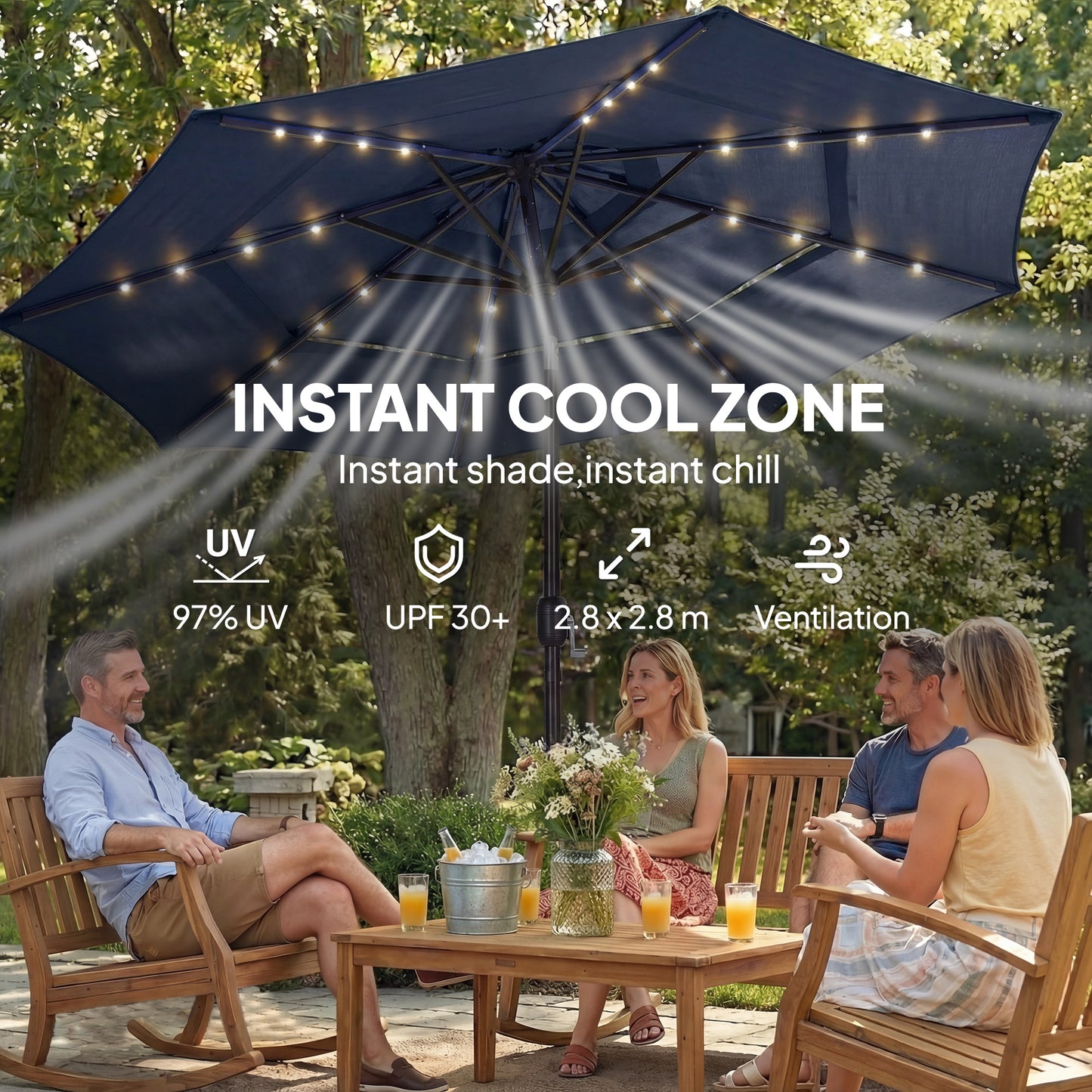 2.8 m Garden Parasol Umbrella with LED Solar Light, Parasol Cover, 3 Tier Outdoor Table Market Patio Umbrella, Navy Blue