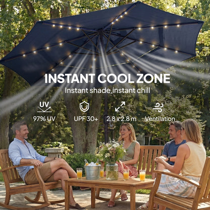 2.8 m Garden Parasol Umbrella with LED Solar Light, Parasol Cover, 3 Tier Outdoor Table Market Patio Umbrella, Navy Blue