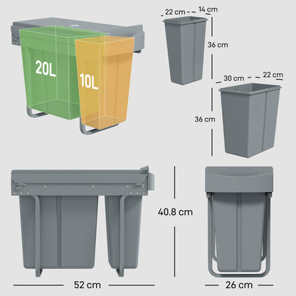 2 Removable Recycling, ContaineUnder-Sink Kitchen Trash Bin, Smooth Slide, Handle, Diamond Pattern Lid, Grey