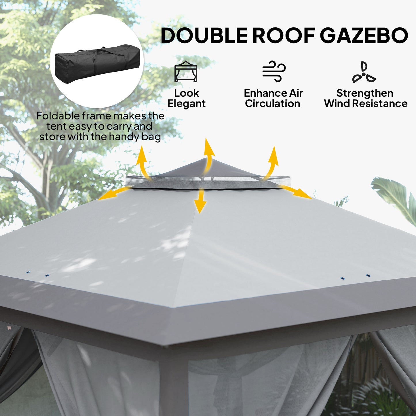 3.3 x 3.3m Pop Up Gazebo, Double Roof Foldable Canopy Tent with Zipped Mesh Sidewalls, Height Adjustable and Carrying Bag