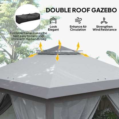 3.3 x 3.3m Pop Up Gazebo, Double Roof Foldable Canopy Tent with Zipped Mesh Sidewalls, Height Adjustable and Carrying Bag