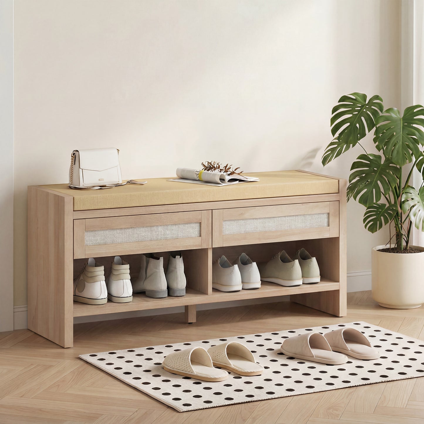 Boho Shoe Bench with 2 Rattan Drawers, Shoe Storage Bench with Cushioned Seat and Open Shelf Oak Wood Effect