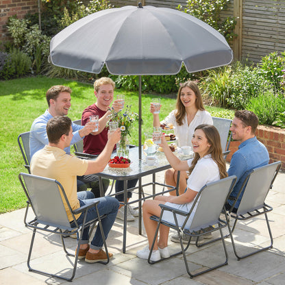 8 Piece Garden Dining Set with Umbrella, Garden Furniture Set with 6 Folding Chairs, Tempered Glass Table for Patio Grey