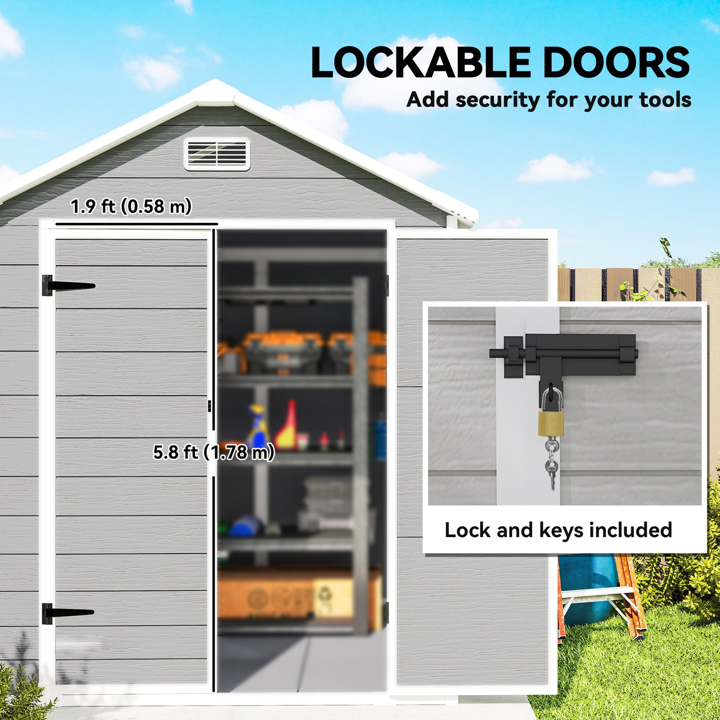 6 x 5ft Garden Shed, Plastic Shed with Floor, Window, Lockable Doors and Vents