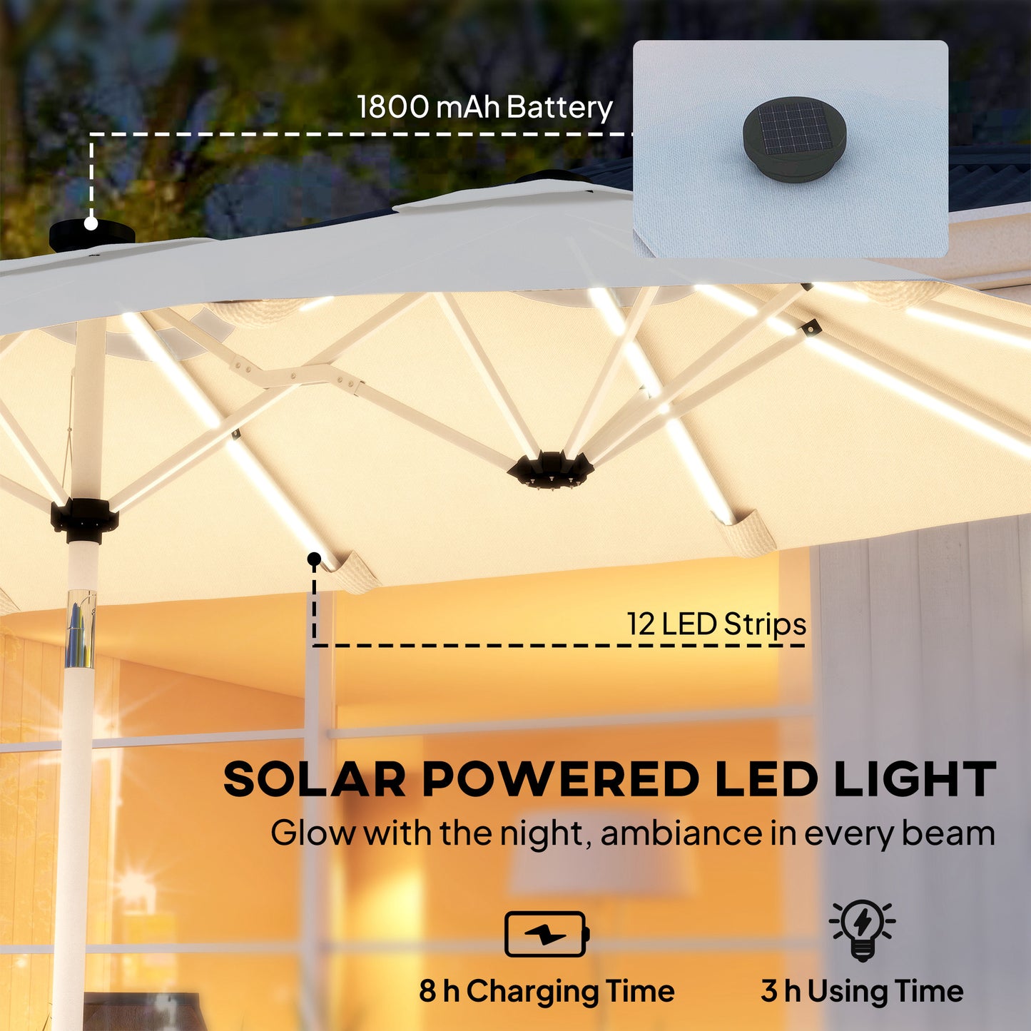 3 m Double-Sided Garden Parasol with LED Solar Lights, Tilt, Outdoor Extra Large Sun Umbrella with Crank Handle, Cream