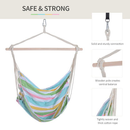 Outdoor Hanging Rope Chair with Cotton Rope, Garden Hammock Chair with Wooden Support Bar Cotton Cloth